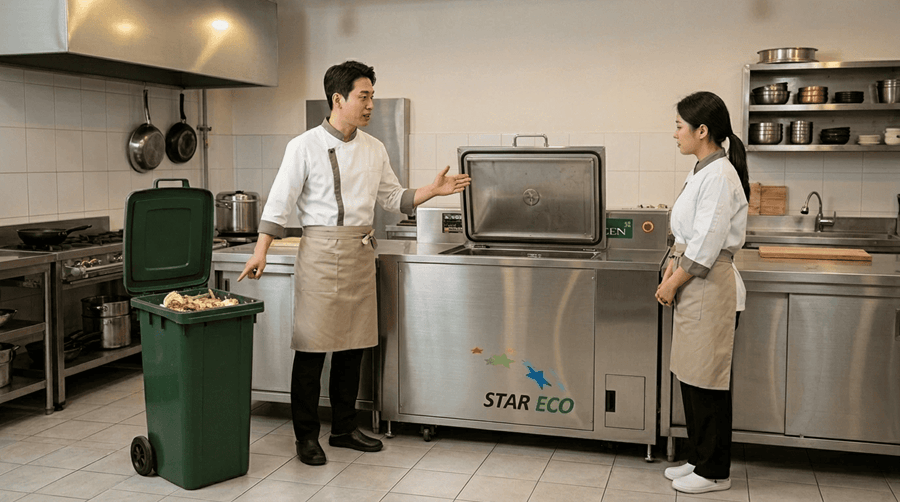 음식점 주방에서 업소용 음식물분쇄기를 설명하는 직원의 모습