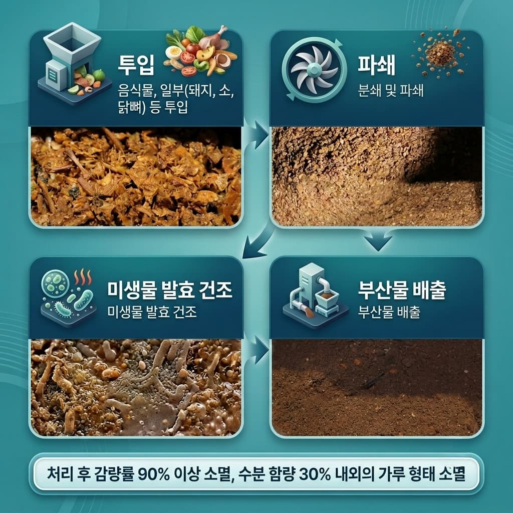 업소용음식물건조기 파쇄 미생물 발효 건조 복합 처리 단계 구조도